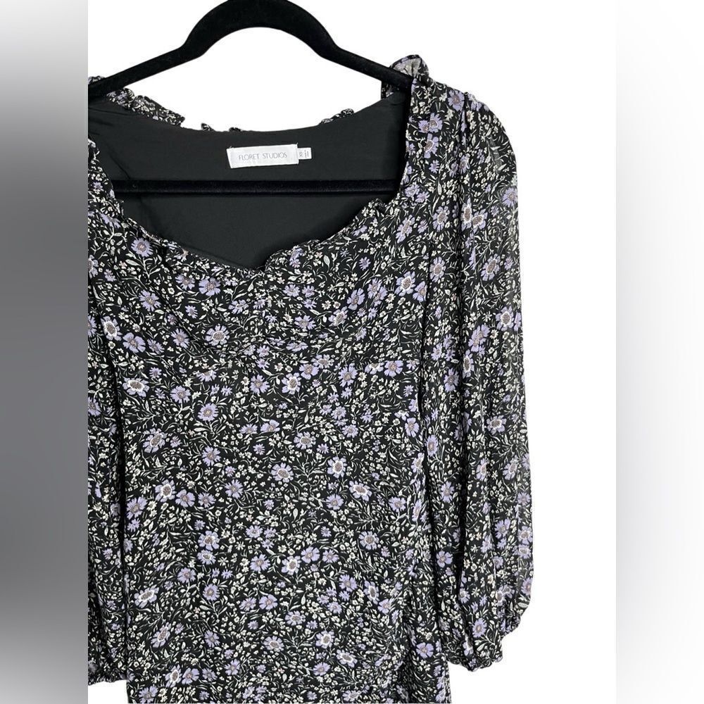 Floret Studios Floral Long Sleeve Sweetheart Neckline Dress Purple and Blue XS